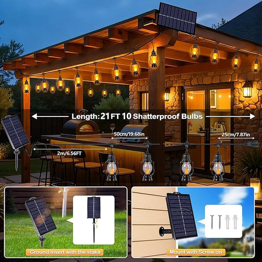 Zeiliuled Solar Flame String Lights, 21FT Solar String Lights Outdoor Waterproof with 10 Flickering Flame Bulb,Shatterproof Solar Power Patio Lights with for Yard Bistro Porch Garden Camping Decor
