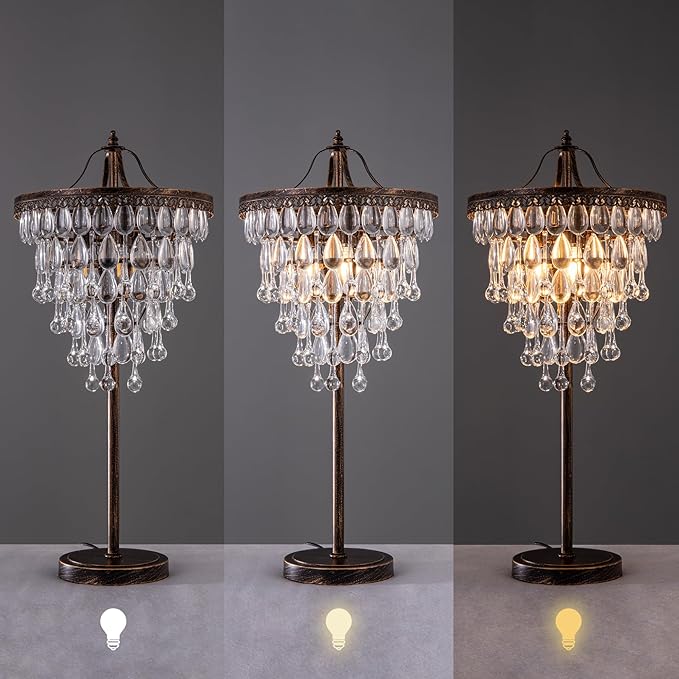 TOCHIC 3 Lights Crystal Table Lamp for Living Room, Bedside Table Lamp for Bedroom Dimmable Control, 28" Tall Bronze Antique Modern Desk Nightstand Lamp for Entryway, Staircase, Home Office