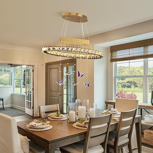 L 24" LED Gold Crystal Butterfly Chandelier, Dimmble LED Light Fixtures with Remote, Gold Modern Oval Crystal Chandeliers, for Dining Room, Kitchen Island, Entryway, Living Room, Bedroom