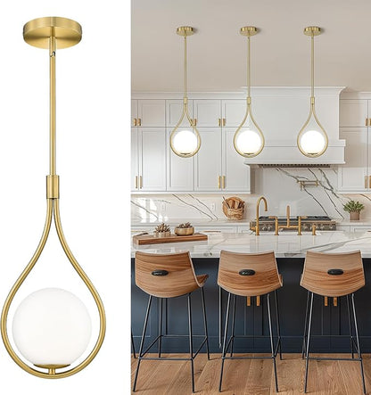 AUTELO Gold Pendant Lights, 1-Light Pendant Lights Kitchen Island in Brushed Gold Finish with Milky White Globe Glass, Mid Century Pendant Light Fixtures, Gold Hanging Lights for Kitchen H9377 MGBG
