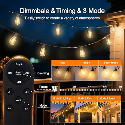 BLIATLUS 55FT Solar String Lights Outdoor Waterproof with Remote Control 15+2 Shatterproof LED ST38 Bulbs for Porch Garden Market Bistro Patio Backyard Fence