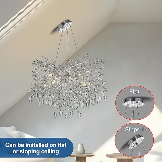 Modern Crystal Tree Branches Chandelier, 23.5in Silver 8 Lights Large Ceiling Hanging Light for Dining Room, Round Raindrop Pendant Light Fixture