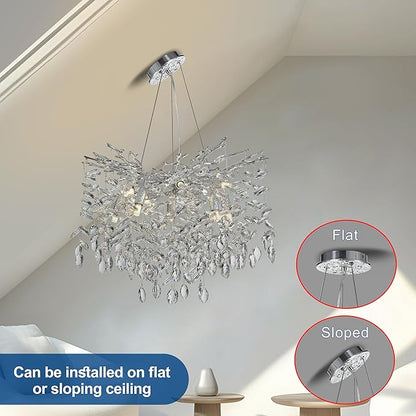 Modern Crystal Tree Branches Chandelier, 23.5in Silver 8 Lights Large Ceiling Hanging Light for Dining Room, Round Raindrop Pendant Light Fixture
