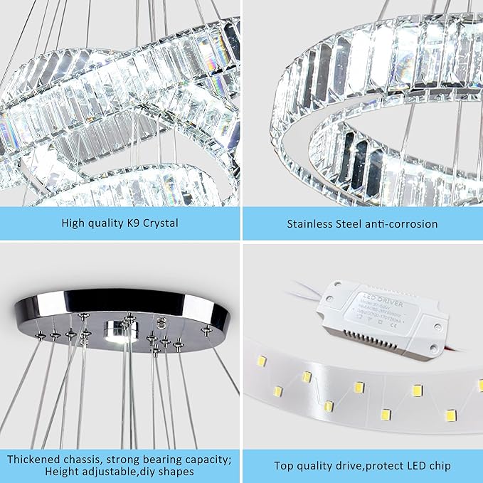 Modern Crystal Chandelier LED Pendant Light 4 Ring Chandelier LED Crystal Chandeliers for Dining Room Bedroom Living Room Cool White Dia 7.9"-11.8"-15.7"-19.7"