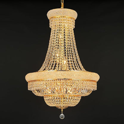 Crystal Chandeliers for Dining Room Light Fixture，Empire Style K9 Crystal Chandeliers for Entryway，18 Lights Gold Luxury Lighting Fixtures for Living Room Bedroom Foyer Hallway D26 Inch