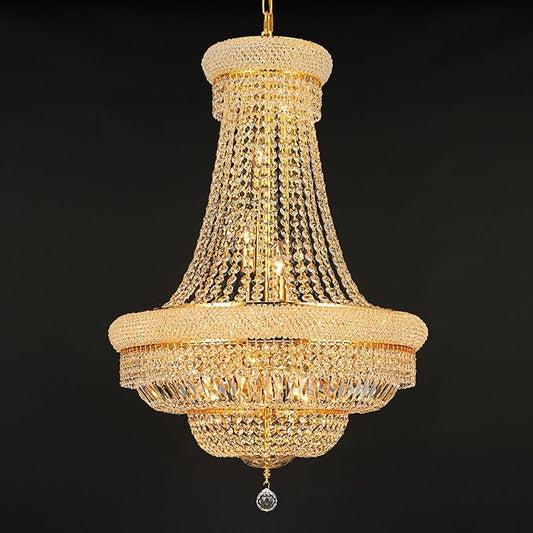 Crystal Chandeliers for Dining Room Light Fixture，Empire Style K9 Crystal Chandeliers for Entryway，18 Lights Gold Luxury Lighting Fixtures for Living Room Bedroom Foyer Hallway D26 Inch
