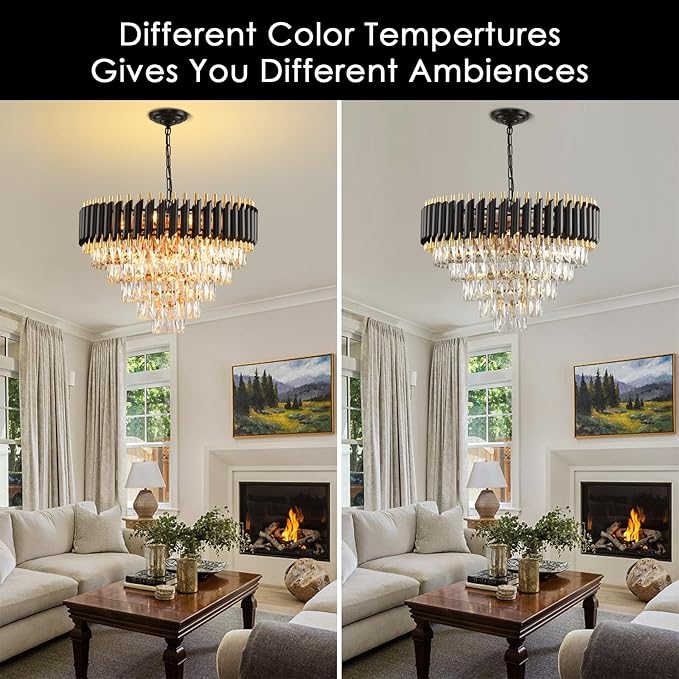 Gold Modern Crystal Chandelier 5-Tier Round Living Room Chandelier Light Fixture Black Large Crystal Chandeliers Pendant Ceiling Light Fixture for Dining Room Bedroom Entryway Staircase Foyer W24in