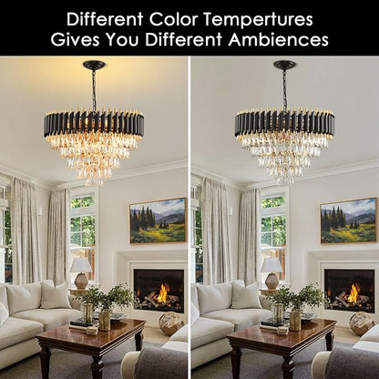 Gold Modern Crystal Chandelier 5-Tier Round Living Room Chandelier Light Fixture Black Large Crystal Chandeliers Pendant Ceiling Light Fixture for Dining Room Bedroom Entryway Staircase Foyer W24in