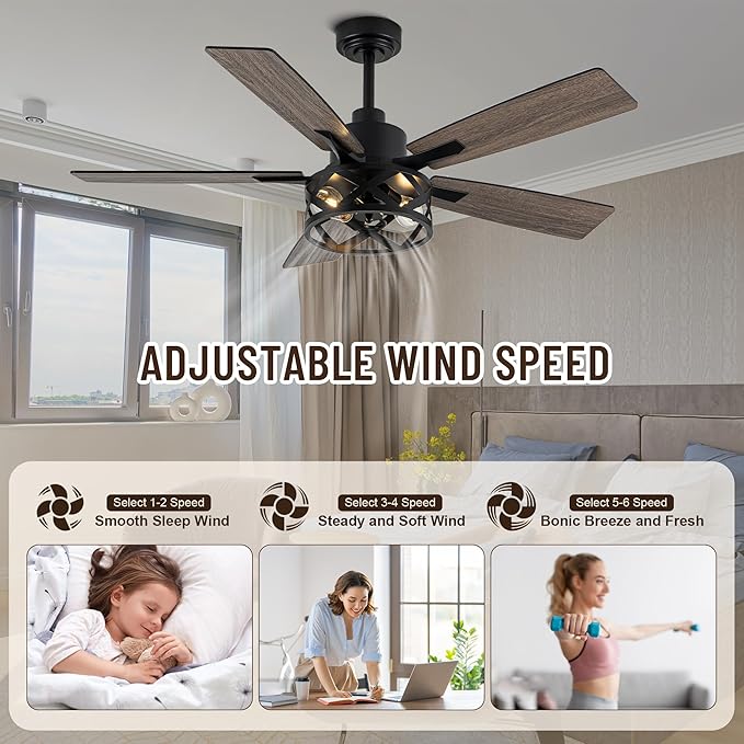 52" Farmhouse Ceiling Fan with Lights and Remote,Ceiling Fan with Caged Rustic Light Fixture,Reversible DC Motor,5 Double Finish Wood Blades for Patio,Living Room,Dining Room,Bedroom
