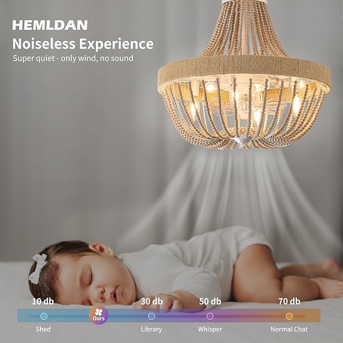 Vintage Bohemian Empire Chandelier Fan with 64 Wood Bead Strands, 7-Blade Invisible Fan, Antique White Gold Finish Ceiling Fan for Living Room, Bedroom(White Gold, 20'' Boho Style)