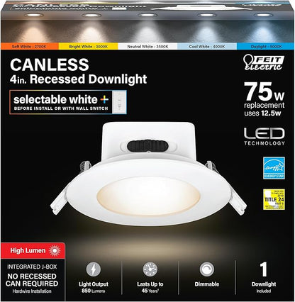 Feit Electric 4" LED Canless Recessed Downlight with Integrated J-Box, High Output, 75W Equivalent, Dimmable, 5CCT Selectable White, 90 CRI, 850 Lumens, 45-Year Lifetime, 4 Pack, LEDR4HOJBX/6WYCA/4