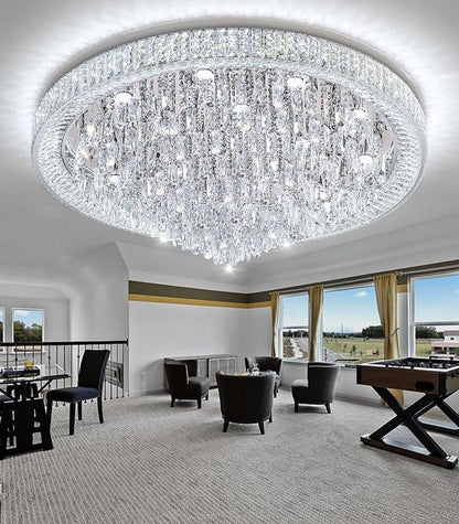 47" Modern Chandeliers LED Dimmable Crystal Flush Mount Ceiling Chandeliers for Living Room High Ceiling Entrance Foyer Lobby Bedroom Silver