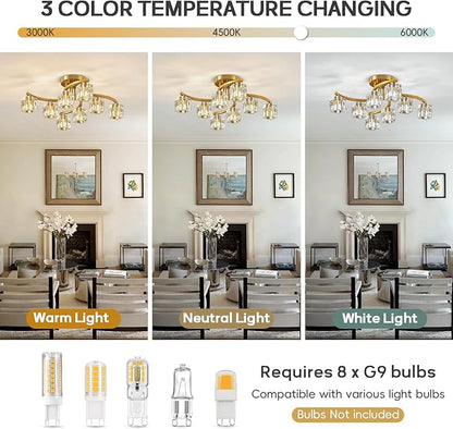 Gold Semi Flush Mount Ceiling Light Fixture, 8-Light Modern Chandelier with K9 Crystal for Living Room, Bedroom, Kitchen，Entryway Light