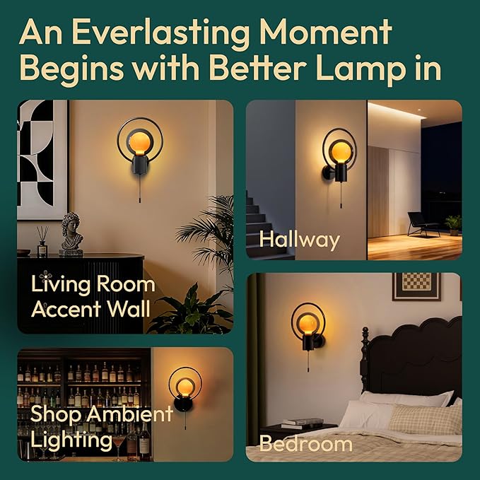 ALAMPEVER Modern Wall Sconce with Pull Chain, Metal Black Wall Lights with G125 Glass Globe Bulb, Wall Mount Light for Enhancing Indoor Ambience in Bedroom, Living Room, and Hallway, 1 Pack