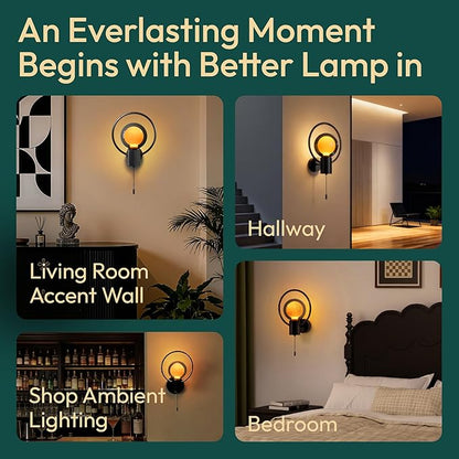 ALAMPEVER Modern Wall Sconce with Pull Chain, Metal Black Wall Lights with G125 Glass Globe Bulb, Wall Mount Light for Enhancing Indoor Ambience in Bedroom, Living Room, and Hallway, 1 Pack