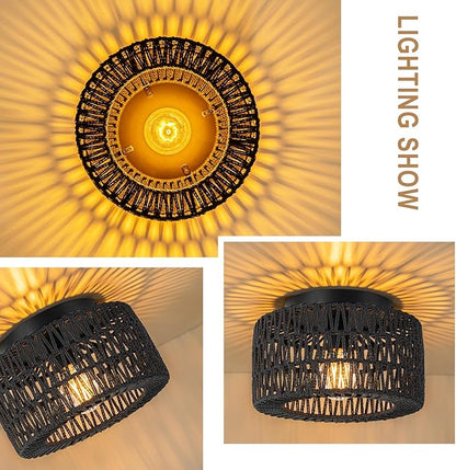 SineRise Rattan Ceiling Light Fixtures (12-Inch, LED Bulb Included), Hand-Woven Boho Flush Mount Ceiling Light, Rattan Chandelier for Hallway Kitchen Farmhouse Foyer Entryway Living Room(Black)