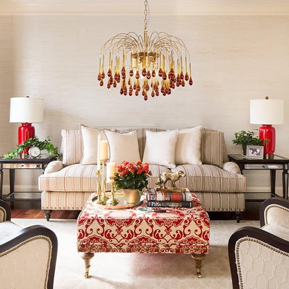 TOCHIC Crystal Gold Chandelier Modern Chandeliers for Dining Room, Raindrop Crystal Chandelier Light Fixture, Vintage Pendant Lighting for Living Room, Bedroom, Bathroom, Foyer, Kitchen Island, 24.5”W
