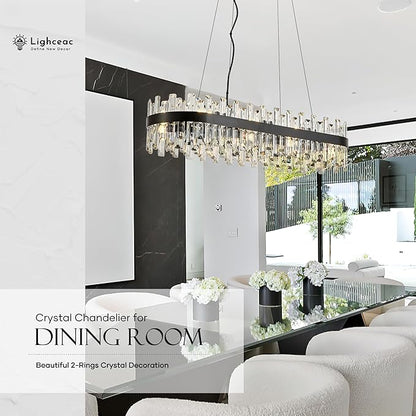 39" Modern Black Rectangle Crystal Chandelier Light Fixtures for Kitchen Island Luxury Linear Crystal Chandeliers for Dining Room 16-Light Long Hanging Pendant Lighting for Entryway Foyer Bar