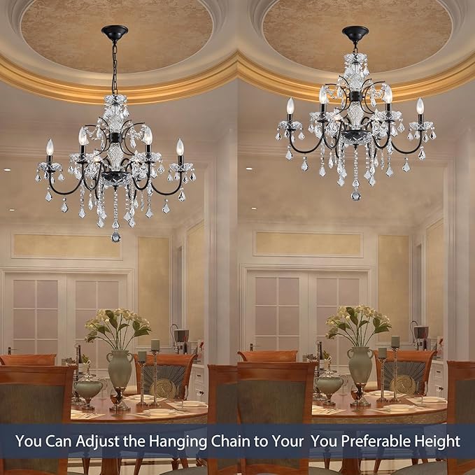 Bestier Black Finish Elegent Crystal Candle Candelabra Chandelier 6 Light Lighting Fixture LED Pendant Ceiling Light Dia 26 in x H 26 in