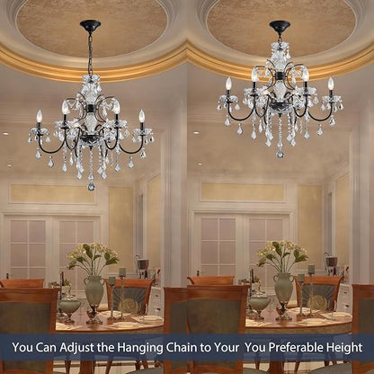 Bestier Black Finish Elegent Crystal Candle Candelabra Chandelier 6 Light Lighting Fixture LED Pendant Ceiling Light Dia 26 in x H 26 in