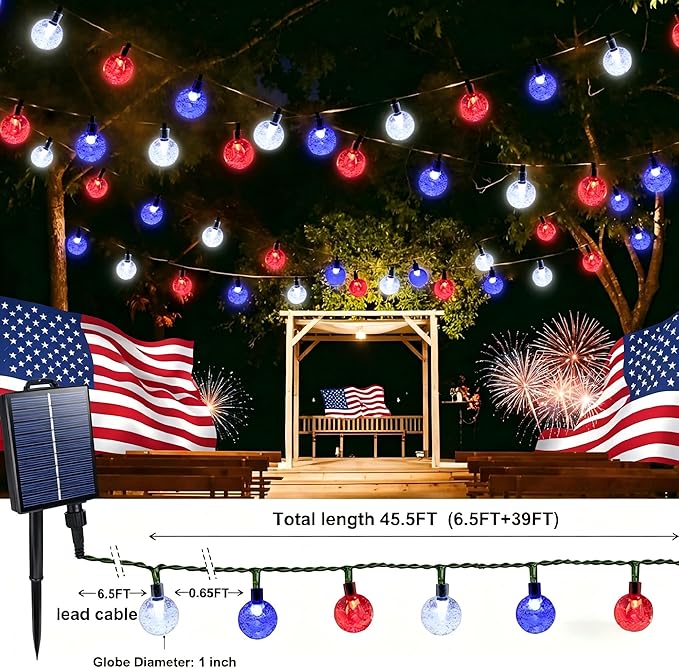 Joomer 4th of July Red White Blue Solar String Lights,39FT 60LED Waterproof with 8 Lighting Modes Patio Lights for Independence Day Garden Yard Gazebo Party