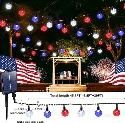Joomer 4th of July Red White Blue Solar String Lights,39FT 60LED Waterproof with 8 Lighting Modes Patio Lights for Independence Day Garden Yard Gazebo Party