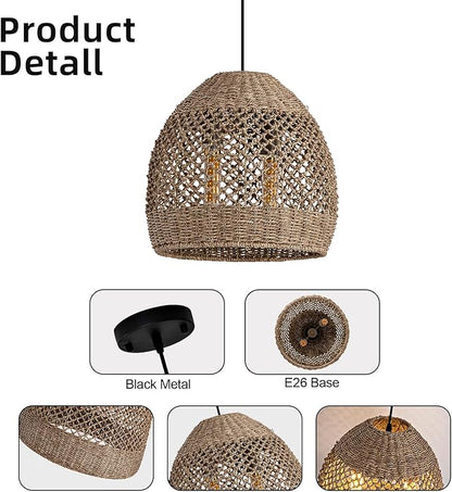 2-Light Rattan Pendant Light, 13.78" Handwoven Boho Pendant Light, Rattan Wicker Hanging Ceiling Lighting Chandelier for Kitchen Island Restaurant Bedroom Living Room