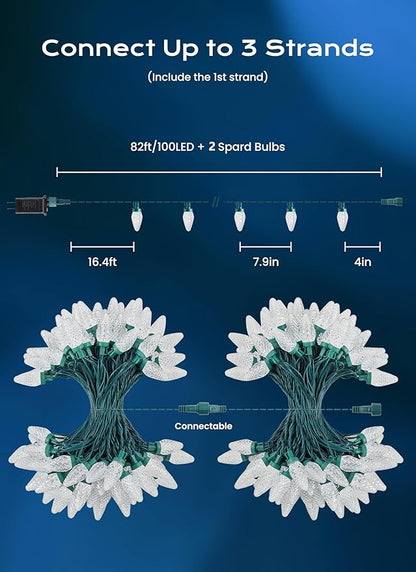 Minetom C9 Christmas Lights Outdoor, 82 FT 100 LED Connectable C9 String Lights with 8 Modes and Timer Extendable Xmas Tree Patio Roofline Garden Yard Holiday Party Indoor Outdoor Decoration, White