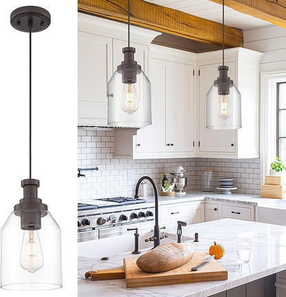 zeyu 1-Light Pendant Light Fixtures for Kitchen Bedroom, Farmhouse Hanging Pendant Light, Clear Glass Shade, Oil Rubbed Bronze Finish, ZG33M1L-L ORB