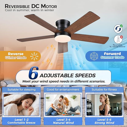Ayaoty Flush Mount Ceiling Fan with Light and Remote/APP - 48" Low Profile Ceiling Fan with 3CCT Dimmable, 5 Reversible Blades, Modern Indoor Fan Light Fixtures for Bedroom, Kitchen