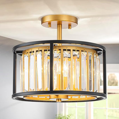 3-Light K9 Crystal Drum Ceiling Lights, Modern Style Semi-Flushmount Light Fixture for Dining Room, Living Room, D12 * H10 inch, Clear Crystal, Gold & Black Finish Frame