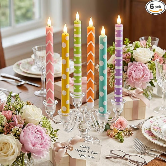 Honoson 6 Pcs Mother's Day Flameless Taper Candles 10.6 Inch Colorful Geometric Candles Battery Operated LED Candlesticks for Summer Dinner Table Home Party Decor
