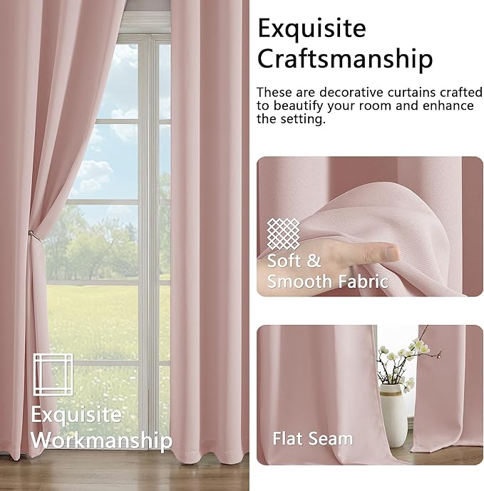 Simplebrand Blush Curtains for Bedroom 63 Inch Length 2 Panels Set, Room Darkening Thermal Insulated Energy Saving Curtains for Nursery, Grommet Solid Soft Window Treatment Drapes, W40 x L63