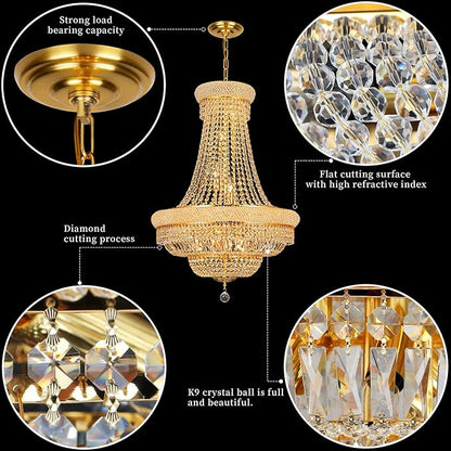 Crystal Chandeliers for Dining Room Light Fixture，Empire Style K9 Crystal Chandeliers for Entryway，18 Lights Gold Luxury Lighting Fixtures for Living Room Bedroom Foyer Hallway D26 Inch