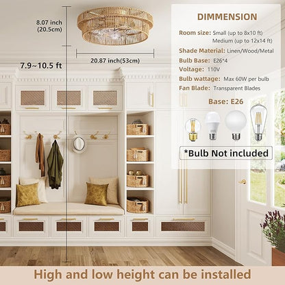Rattan Boho Ceiling Fan with Light Flush Mount, 20 Inch Caged Ceiling Fans with Light and Remote Control, Low Profile Enclosed 6 Speeds for Bedroom, Nursery, Living Room, E26 Base (Brown)