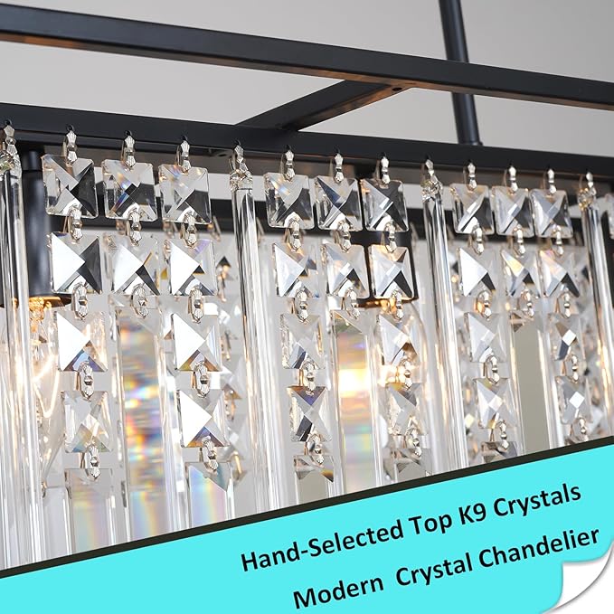 Modern Rectangle Black Crystal Chandeliers for Dining Room, 40" Rectangular Farmhouse Chandelier Top K9 Crystal Linear Light Fixture Lighting for Kitchen Island, Living Room L40xW12xH11