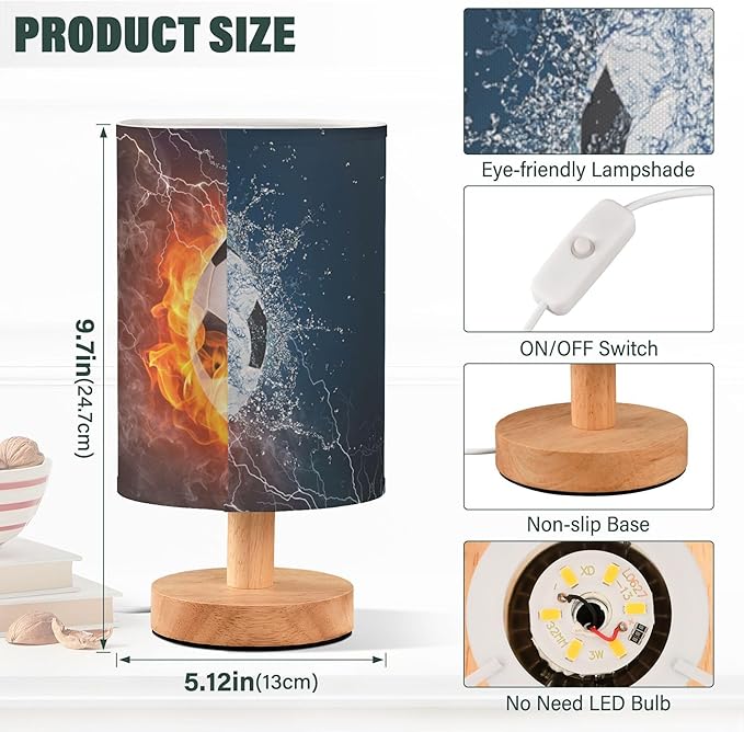 Table Lamp Soccer Ball in Fire Flame Water Sport Design American Football Nightstand Lamp with Wood Base Fabric Lamp Shade Bedside Desk Lamp for Living Room Bedroom Kids Room Office