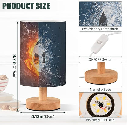 Table Lamp Soccer Ball in Fire Flame Water Sport Design American Football Nightstand Lamp with Wood Base Fabric Lamp Shade Bedside Desk Lamp for Living Room Bedroom Kids Room Office