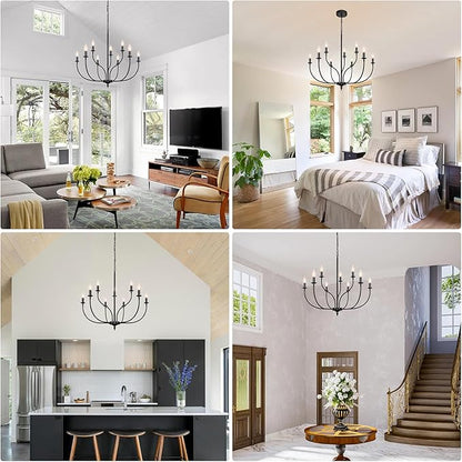 Black Chandelier, 9-Light Farmhouse Chandelier for Dining Room Lighting Fixtures Hanging, 2-Tier French Country Candle Chandeliers for Living Room Bedroom Foyer(Frosted Black)