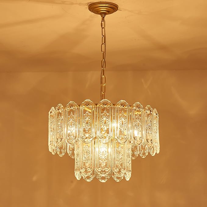 5-Lights Luxury Glass Chandeliers, Mid-Century Modern Chandeliers for Dining Room, D18.5'' × H18.9'', Adjustable Height (18.9"~51.2"), Gold Finish Frame & Double Figured Glass Shade