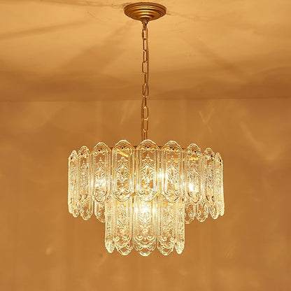 5-Lights Luxury Glass Chandeliers, Mid-Century Modern Chandeliers for Dining Room, D18.5'' × H18.9'', Adjustable Height (18.9"~51.2"), Gold Finish Frame & Double Figured Glass Shade