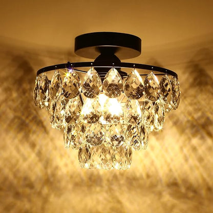Luupyia Mini Crystal Chandelier Ceiling Light Small, Modern Crystal Ceiling Light for Hallway Overhead Fixtures Semi Flush Mount Mini Black Chandelier for Bedroom Hall Living Room Hallway