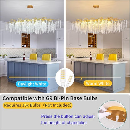 Crystal Tree Branch Chandelier L63 Inch Luxury Rectangular Crystal Raindrop Pendant Light 16 Lights Kitchen Island Hanging Light Fixture for Living Room Dining Room Foyer Entryway Gold