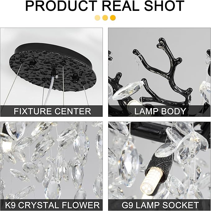 Modern Crystal Tree Branches Chandelier, 47.5in Black 12 Lights Large Ceiling Hanging Light for Dining Room, Arc Raindrop Pendant Light Fixture