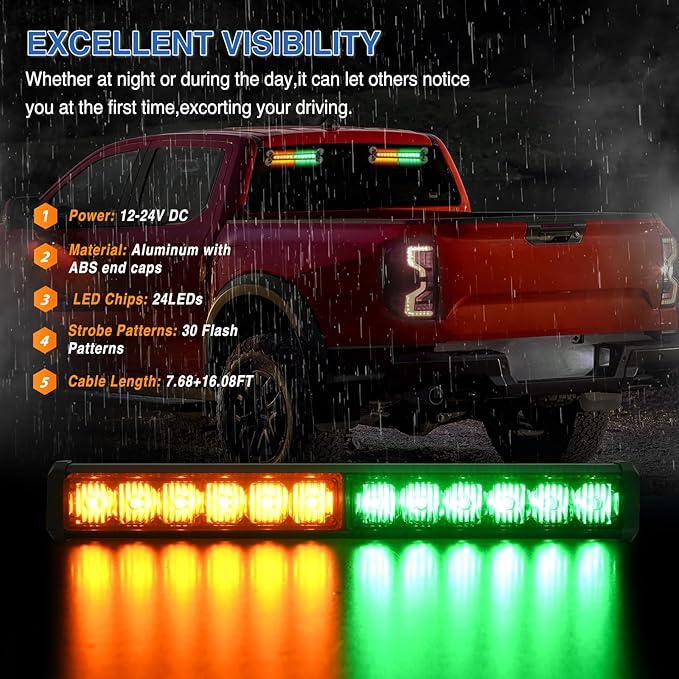 Nilight 24LED Emergency Strobe Traffic Advisor Light Bar 2 in 1 Amber Green Dash Warning Safety Flashing Lights Front/Rear Windshield Construction Lights for Trucks Cars Plow Police Vehicles