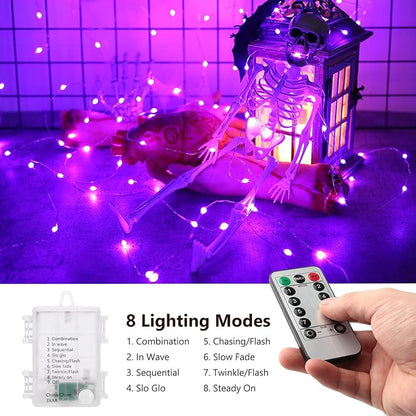 BrizLabs Purple Halloween Lights, 2 Pack 17.48ft 50 LED Purple Fairy Lights with Remote, 8 Modes Battery Operated Halloween Light Indoor Outdoor Twinkle Light for DIY Christmas Party Home Tree Decor