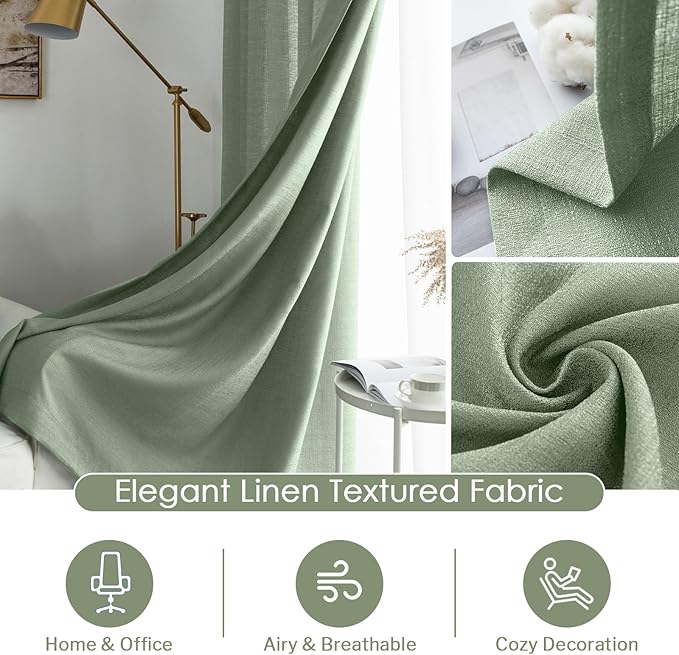 Melodieux Sage Green Semi Sheer Curtains 84 Inches Long for Living Room, Bedroom Linen Look Farmhouse Rod Pocket Shiny Sheer Curtain Drapes Light Filtering Home Office, 52" W x 84" L, 2 Panels