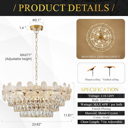 11 Lights Modern Flower Elegant Crystal Chandelier 6-Tier 24" Luxury Gold Chandelier Light Fixture for Living Dining Room Kitchen Entryway Bedroom Foyer, E12