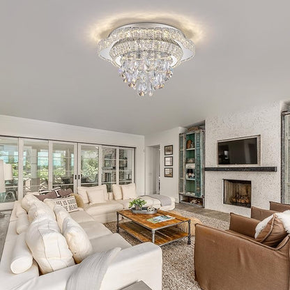 18" Sliver Crystal LED Ceiling Light with Remote Control,Flush Mount Chandelier with 3-Color Dimmable for Living Room Bedroom Dining Room Hallway - Modern Flower Design
