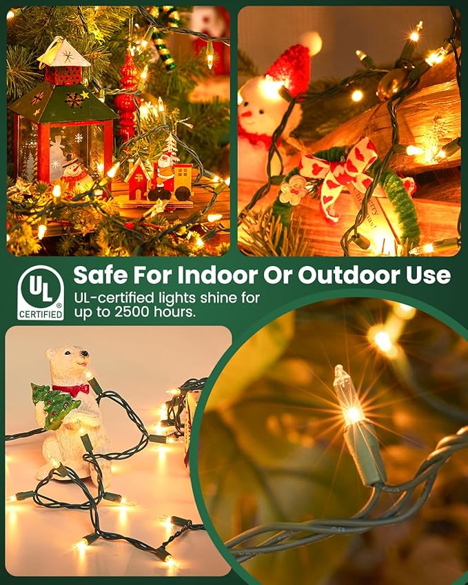 Minetom Clear Christmas Lights 200 Count 40 Feet Bulb Mini Lights, Waterproof String Light for Indoor Xmas Tree Garland Birthday Wedding Decoration, Green Wire